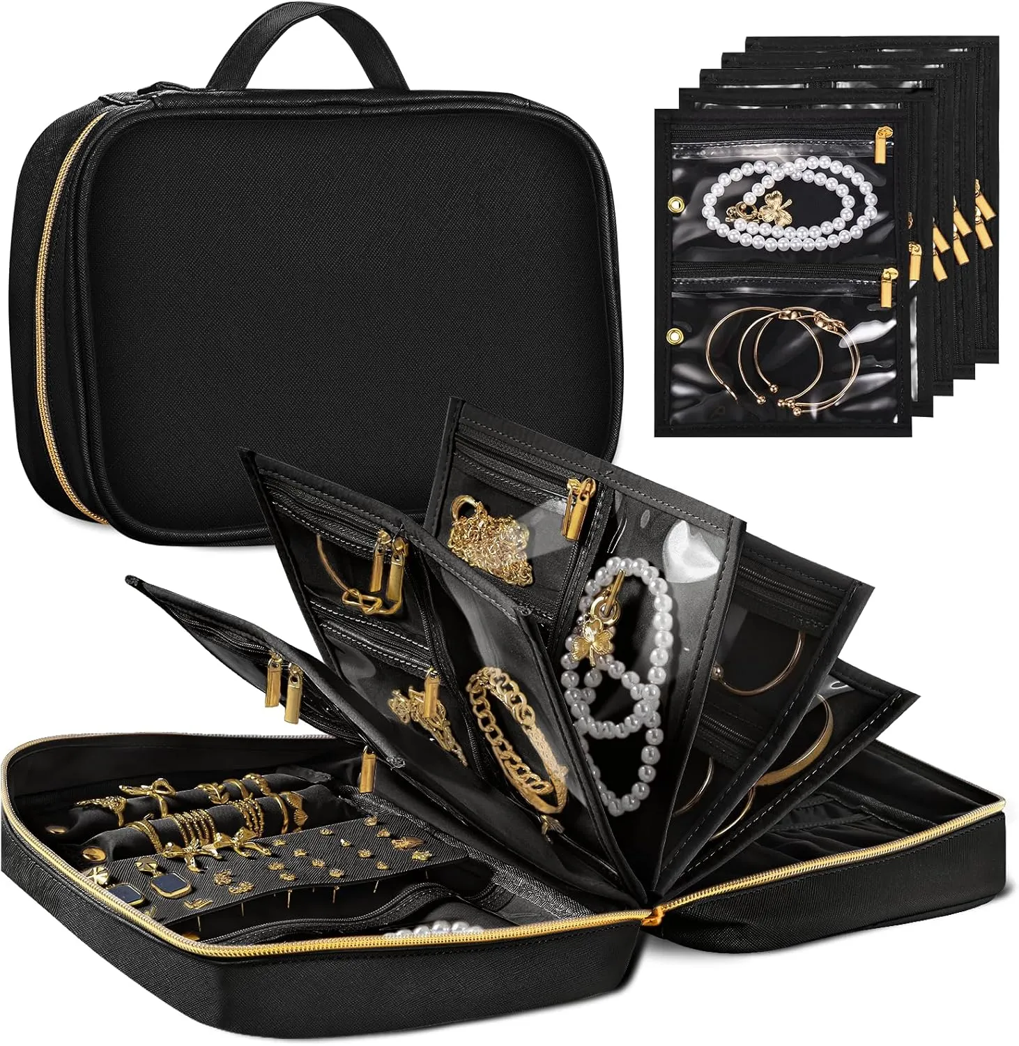 Travel Jewelry Organizer Case,Jewelry Storage Book Binder with Clear Zipper Pouch & Lining-Portable Jewelry Bag for Earrings,Rings,Necklaces,Bracelets-Perfect for Women,Traveling (Black)