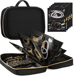 Travel Jewelry Organizer Case,Jewelry Storage Book Binder with Clear Zipper Pouch & Lining-Portable Jewelry Bag for Earrings,Rings,Necklaces,Bracelets-Perfect for Women,Traveling (Black)