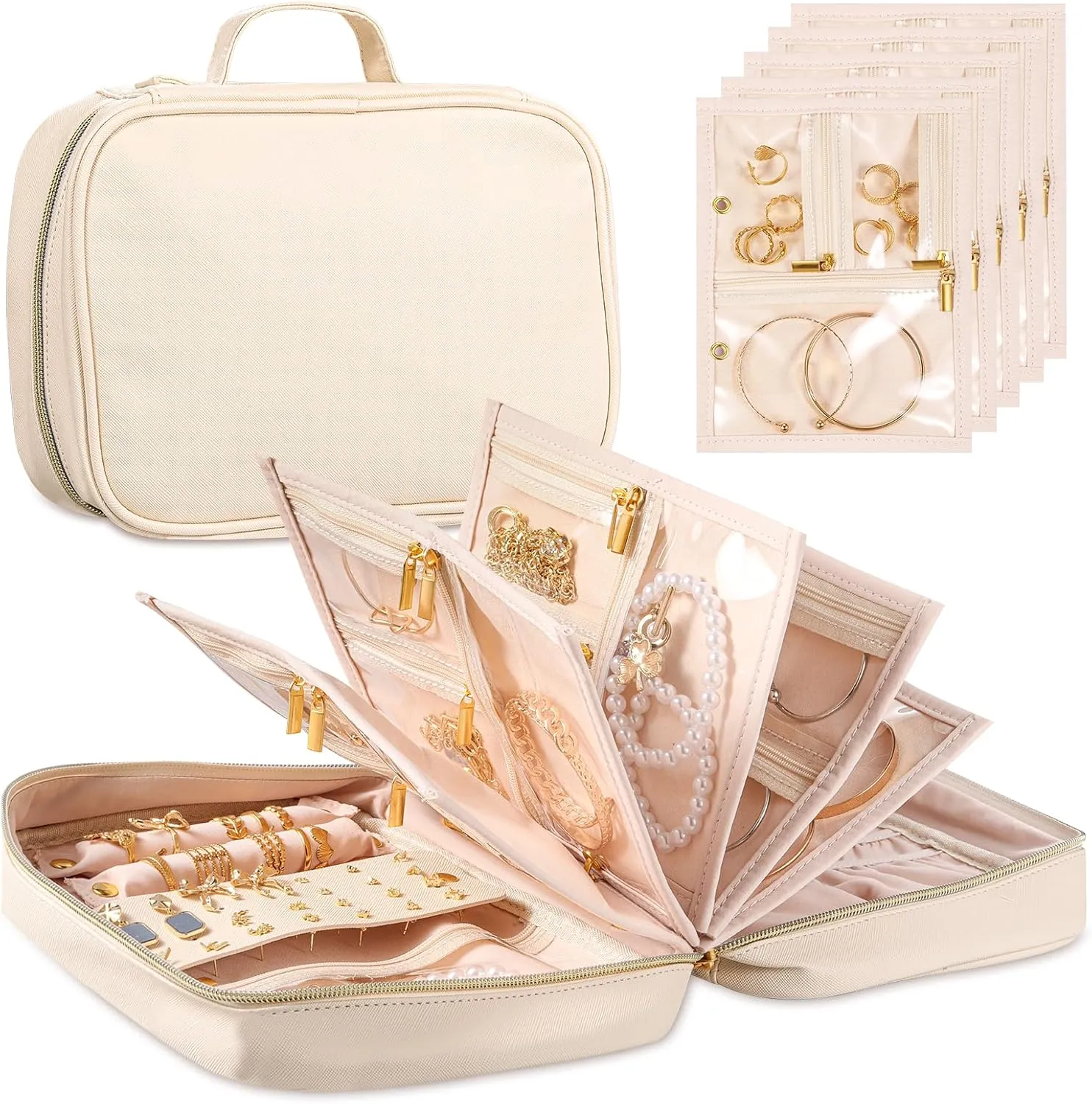 Travel Jewelry Organizer Case,Jewelry Storage Book Binder with Clear Zipper Pouch & Lining-Portable Jewelry Bag for Earrings,Rings,Necklaces,Bracelets-Perfect for Women,Traveling (Off-white)