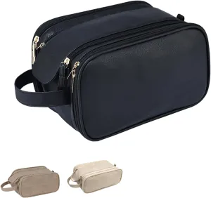Travel Toiletry Bag for Women PU Leather Triple-layer Double Zipper Toiletry Bags,Waterproof with Handle Mens Toiletry Bag Stowable Brushes, Toiletries Makeup for Business Trips Camping Bathroom Black