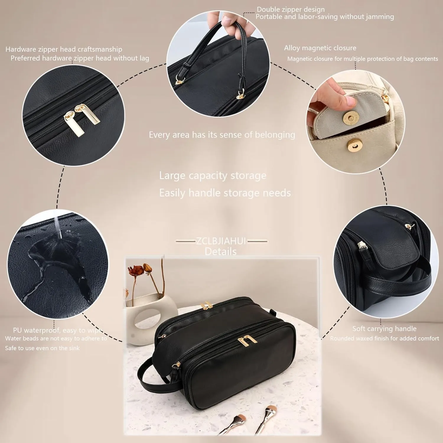 Travel Toiletry Bag for Women PU Leather Triple-layer Double Zipper Toiletry Bags,Waterproof with Handle Mens Toiletry Bag Stowable Brushes, Toiletries Makeup for Business Trips Camping Bathroom Black