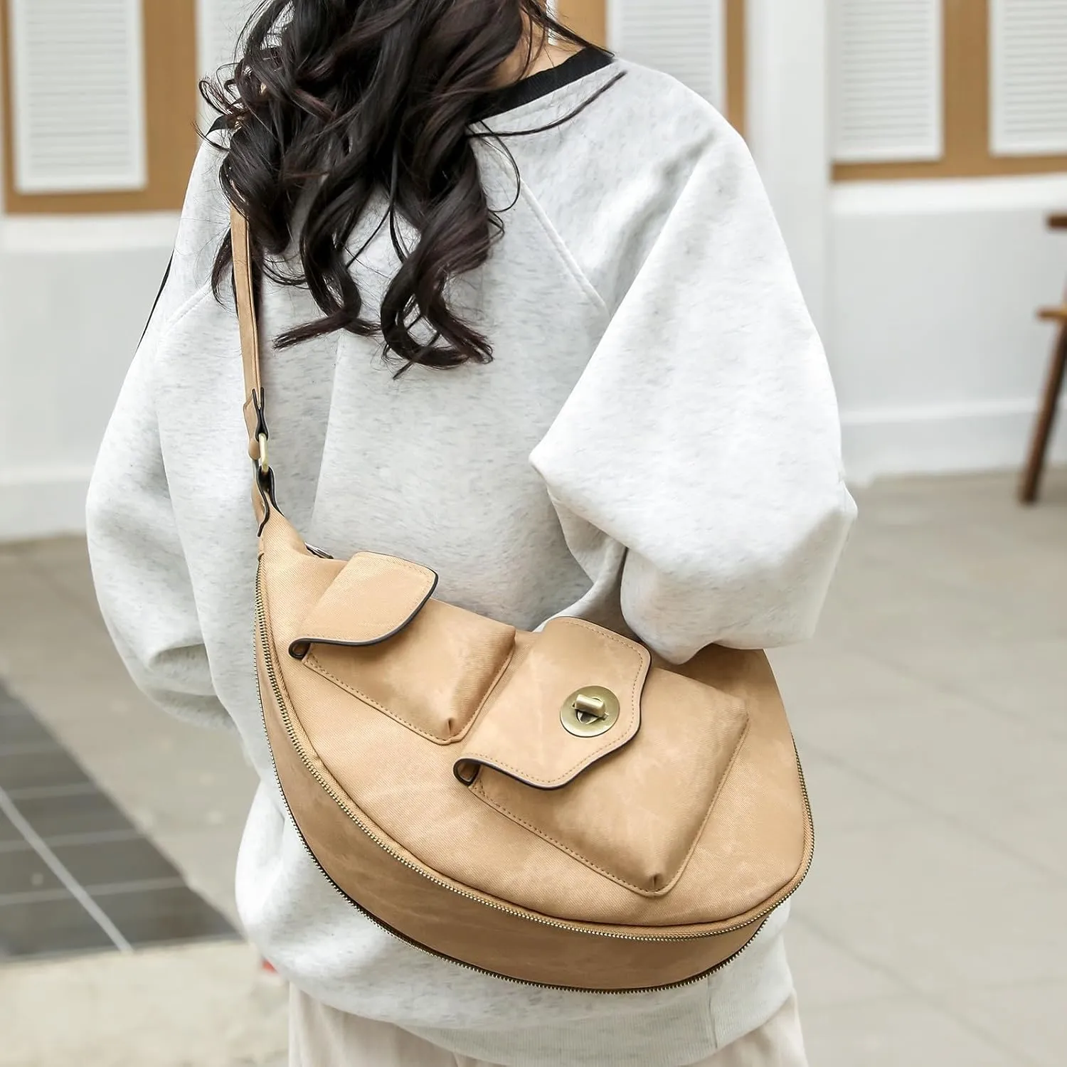 Trendy Crossbody Purse Chest Bag With Adjustable Guitar Strap For Handbags for Women Shoulder Bags (Khaki, One Size)