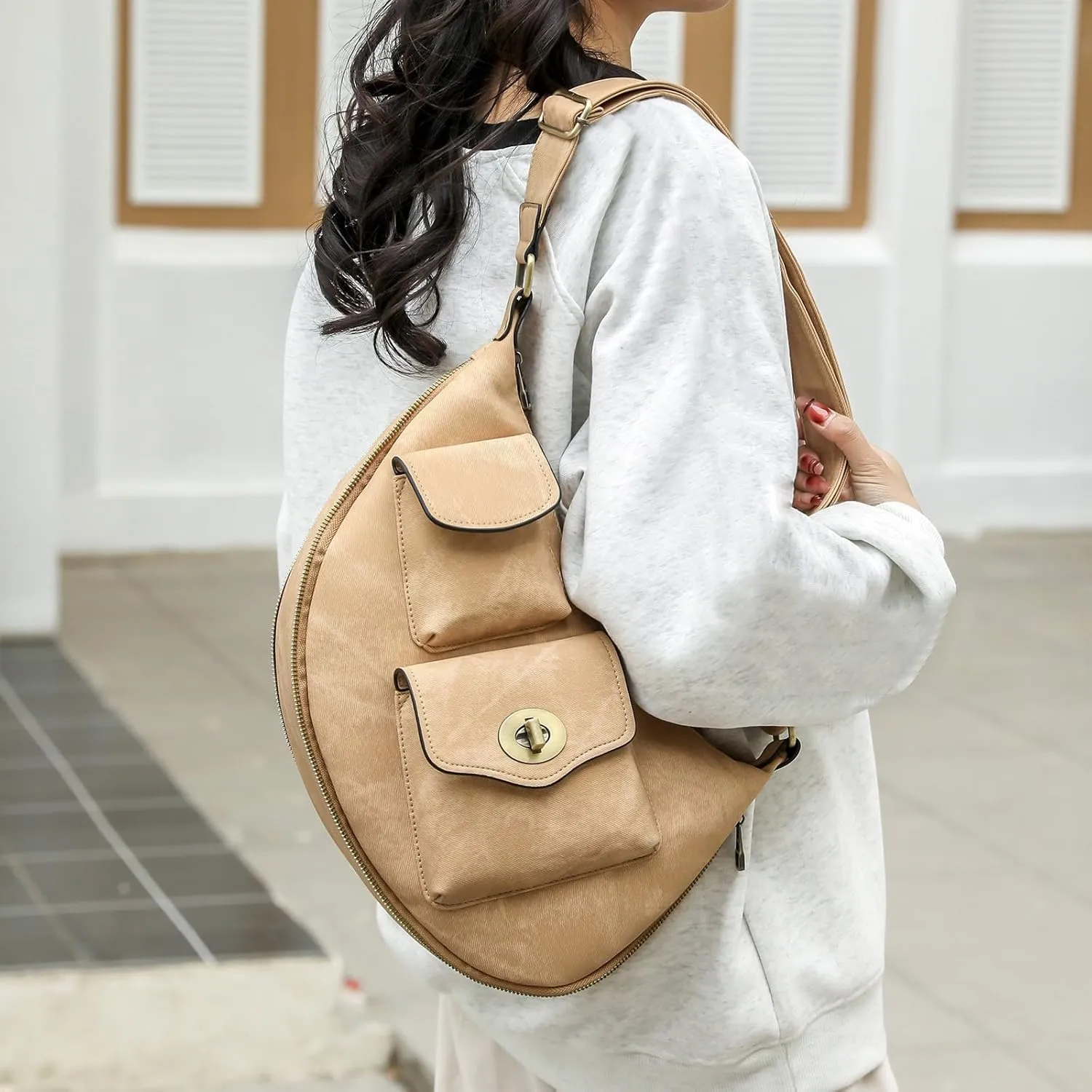 Trendy Crossbody Purse Chest Bag With Adjustable Guitar Strap For Handbags for Women Shoulder Bags (Khaki, One Size)