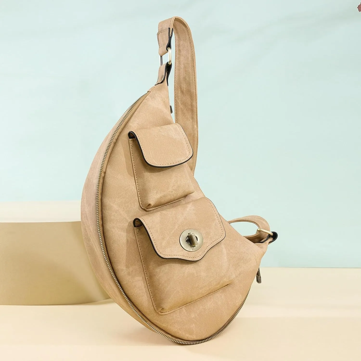 Trendy Crossbody Purse Chest Bag With Adjustable Guitar Strap For Handbags for Women Shoulder Bags (Khaki, One Size)