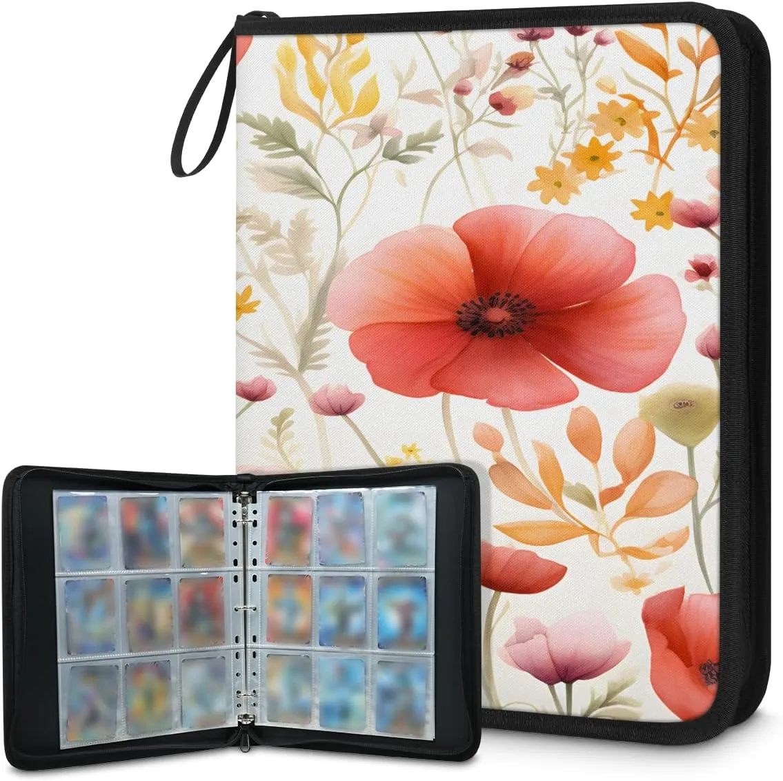 Tropical Flowers 3 Ring Trading Zipper Binder Strap, Trading Card Binder 4 Pocket, 400 Pockets Card Holder with 50 Removable Sleeves for Game Cards