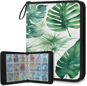 Tropical Palm Leaf 3 Ring Trading Zipper Binder Strap, Trading Card Binder 9 Pocket, 900 Pockets Card Holder with 50 Removable Sleeves for Game Cards