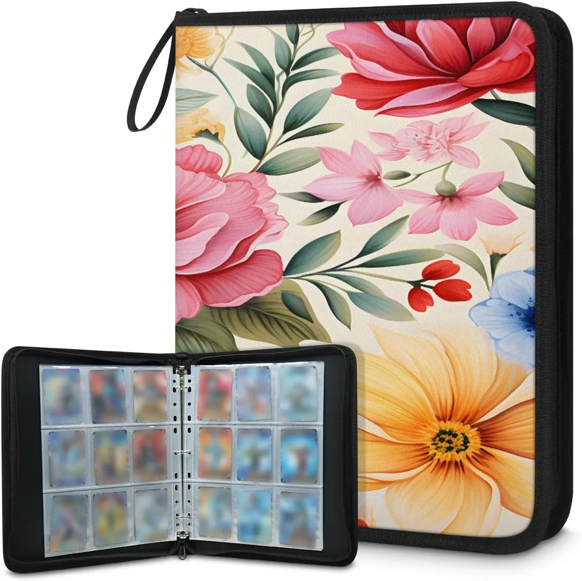 Tropical Plant Flowers 3 Ring Trading Zipper Binder Strap, Trading Card Binder 9 Pocket, 900 Pockets Card Holder with 50 Removable Sleeves for Game Cards