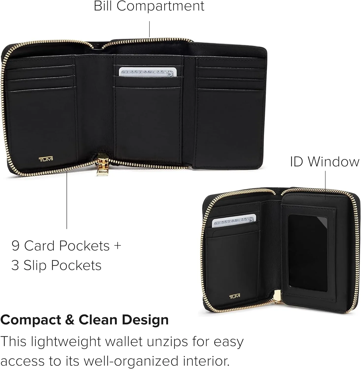 TUMI - Voyageur Tri-Fold Zip-Around - Aesthetic Women's Zipper Wallet with Cash/Card Holders - Travel Wallet - With Gift Box - Black/Gold