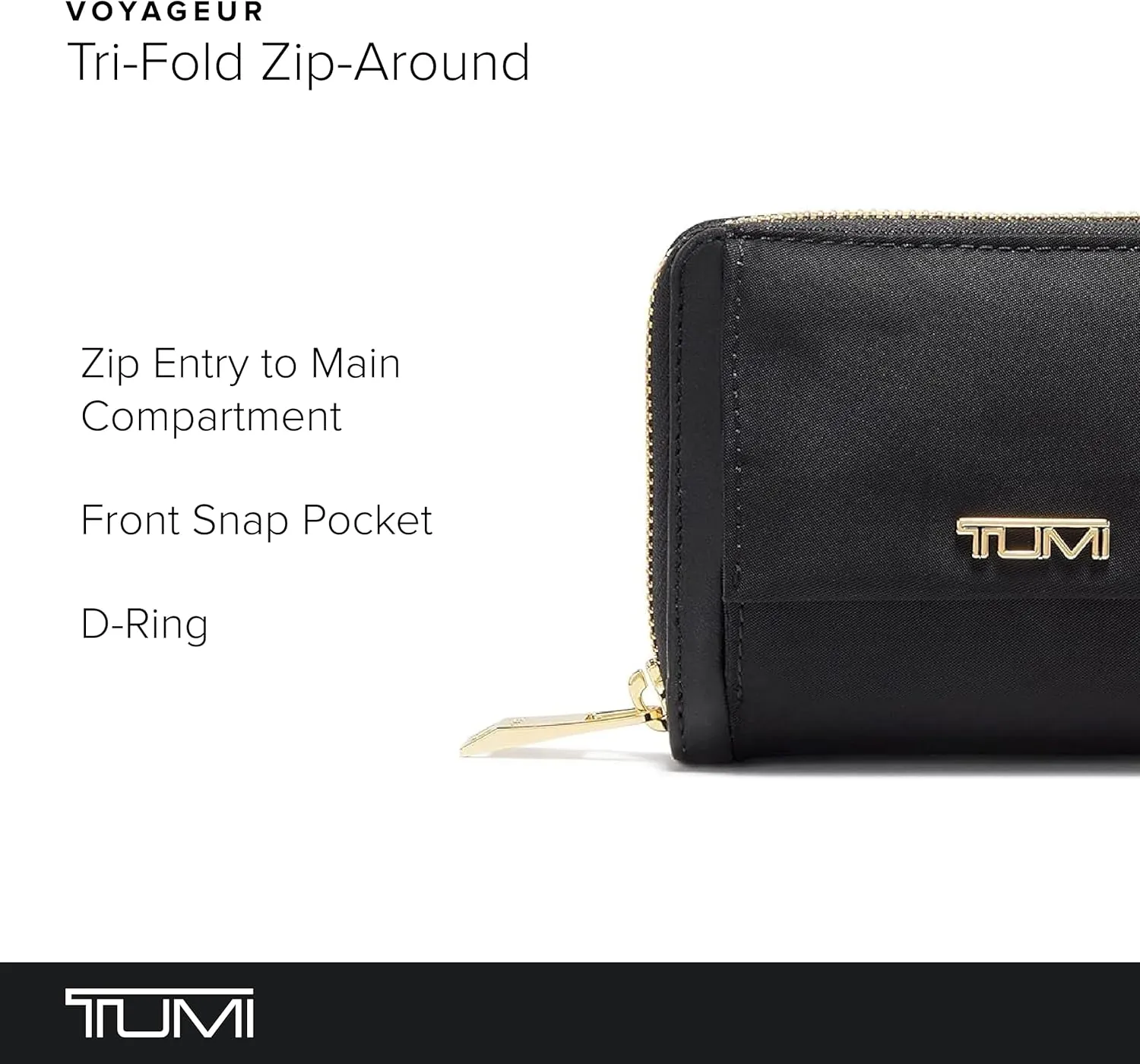 TUMI - Voyageur Tri-Fold Zip-Around - Aesthetic Women's Zipper Wallet with Cash/Card Holders - Travel Wallet - With Gift Box - Black/Gold
