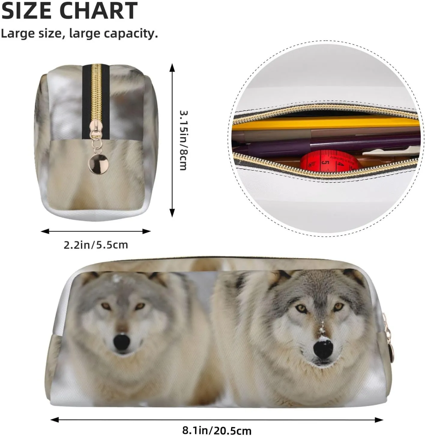 two wolves walking in the snow Makeup Bag for Women Men Pencil Pouch Travel Small Cosmetic Bag Zippered Toiletry Bags Aesthetic Pen Bags Leather Coin Pouch Purse