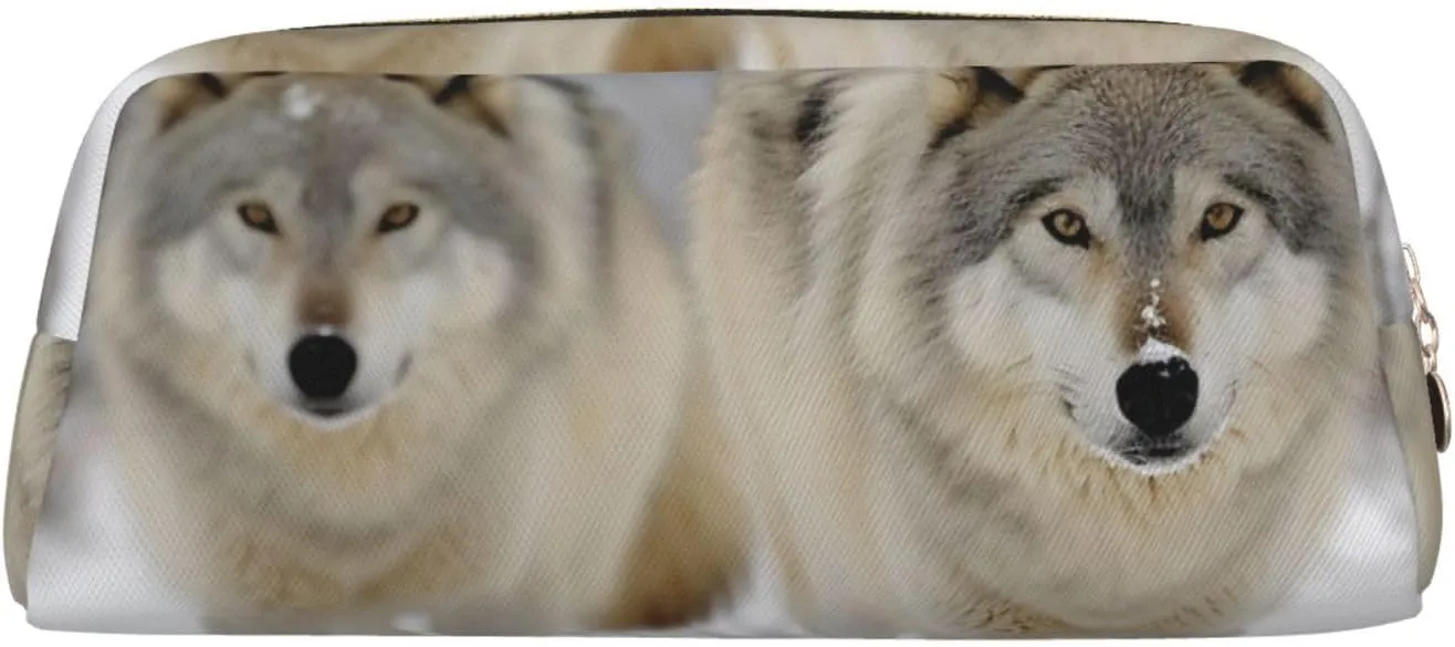 two wolves walking in the snow Makeup Bag for Women Men Pencil Pouch Travel Small Cosmetic Bag Zippered Toiletry Bags Aesthetic Pen Bags Leather Coin Pouch Purse
