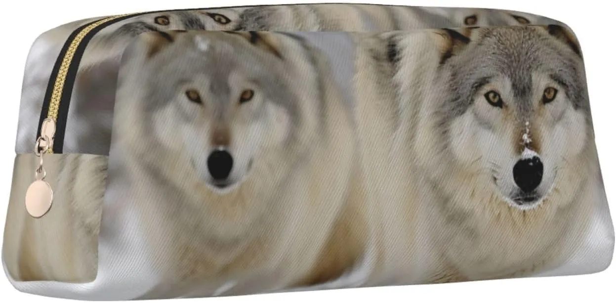 two wolves walking in the snow Makeup Bag for Women Men Pencil Pouch Travel Small Cosmetic Bag Zippered Toiletry Bags Aesthetic Pen Bags Leather Coin Pouch Purse