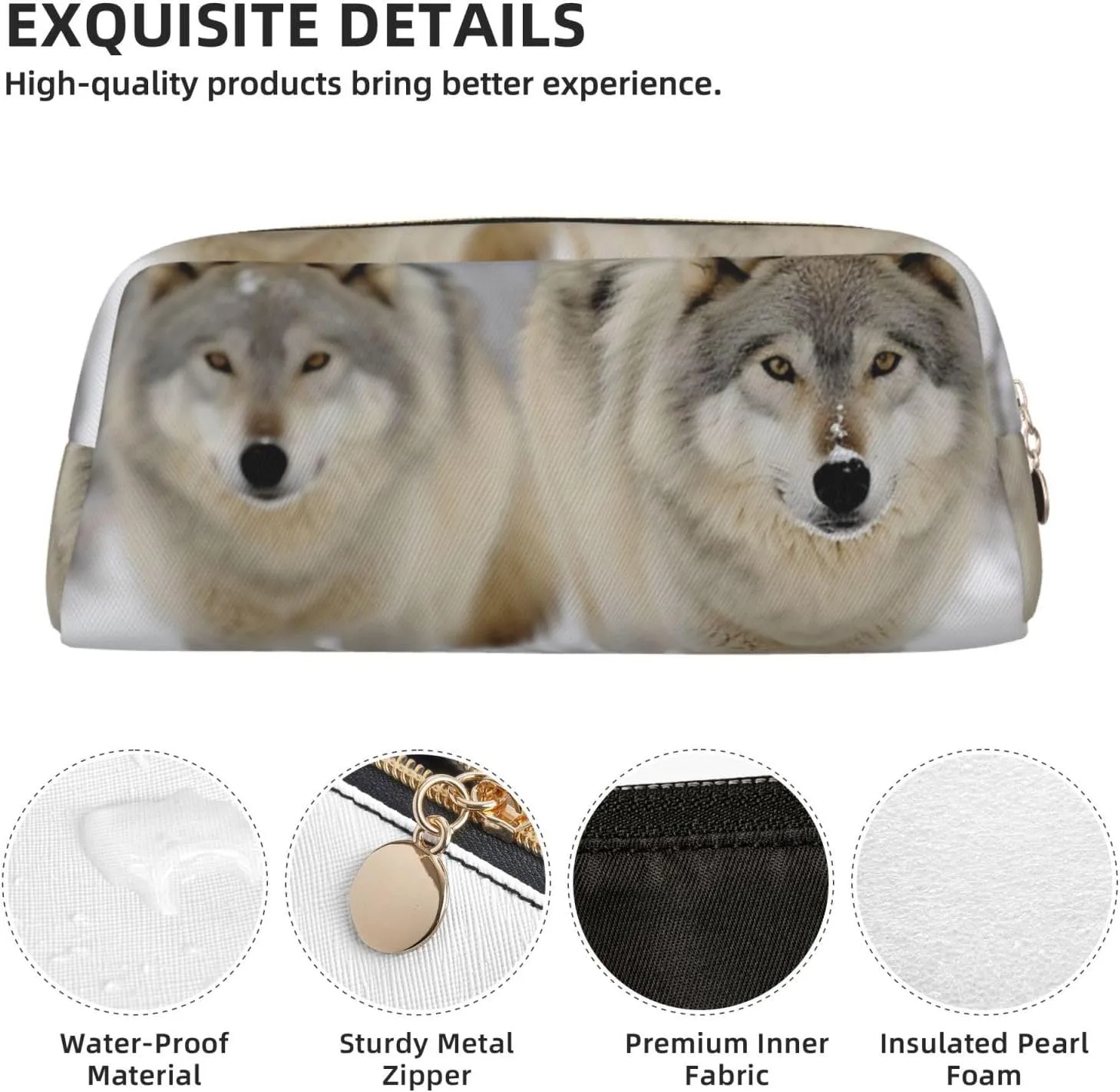 two wolves walking in the snow Makeup Bag for Women Men Pencil Pouch Travel Small Cosmetic Bag Zippered Toiletry Bags Aesthetic Pen Bags Leather Coin Pouch Purse