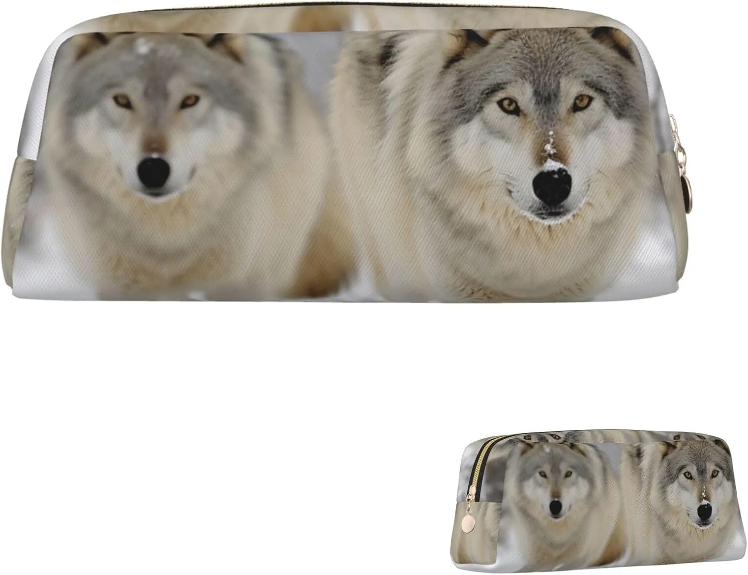 two wolves walking in the snow Makeup Bag for Women Men Pencil Pouch Travel Small Cosmetic Bag Zippered Toiletry Bags Aesthetic Pen Bags Leather Coin Pouch Purse
