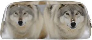 two wolves walking in the snow Makeup Bag for Women Men Pencil Pouch Travel Small Cosmetic Bag Zippered Toiletry Bags Aesthetic Pen Bags Leather Coin Pouch Purse