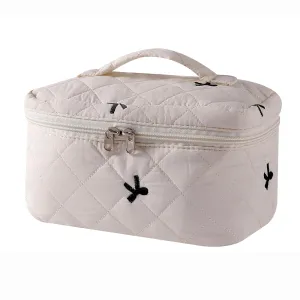 uekeboag Large Travel Quilted Makeup Bag for Women, Floral Cotton Cosmetic Bag, Coquette Aesthetic Floral Toiletry Organizer Bag(14Beige Bow