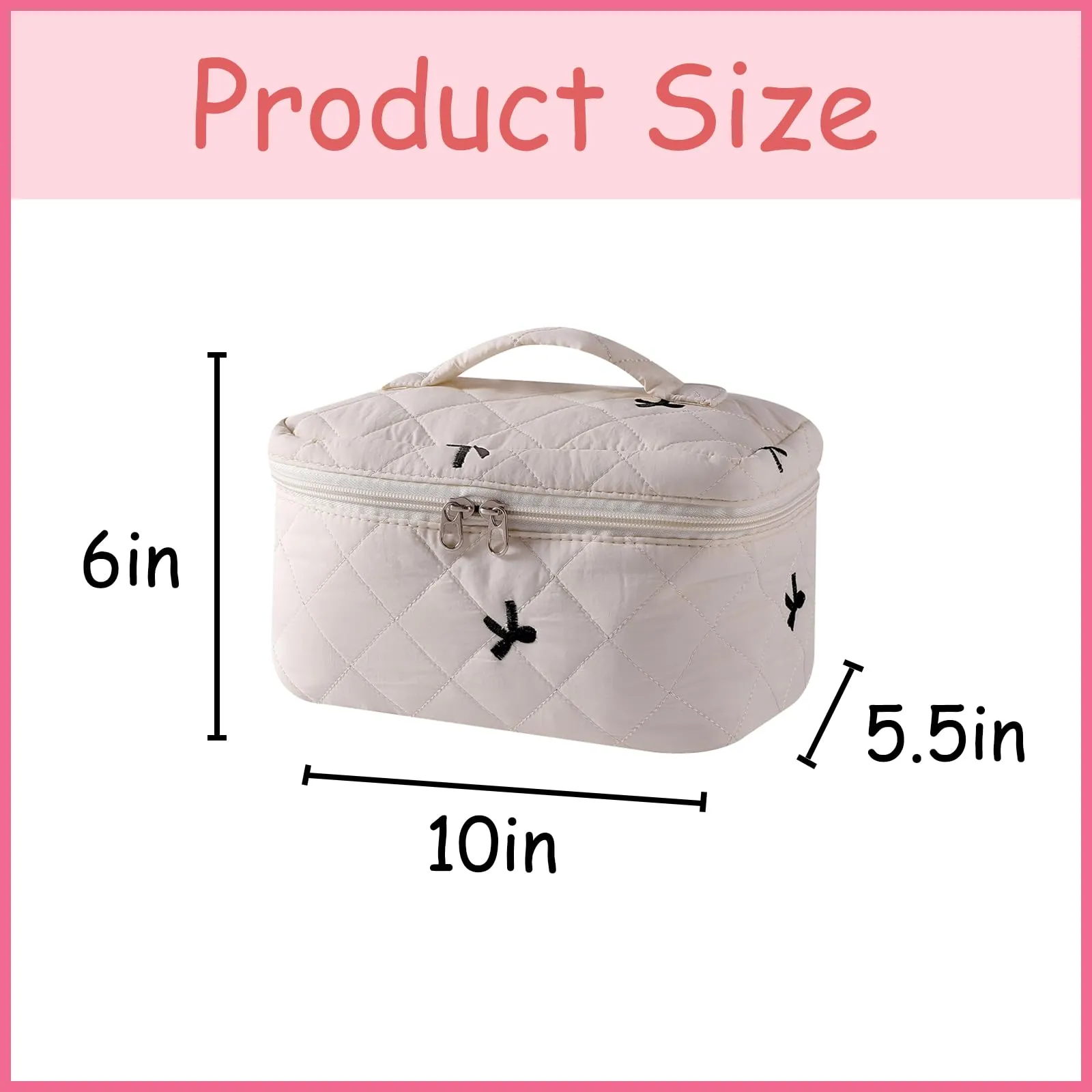 uekeboag Large Travel Quilted Makeup Bag for Women, Floral Cotton Cosmetic Bag, Coquette Aesthetic Floral Toiletry Organizer Bag(14Beige Bow