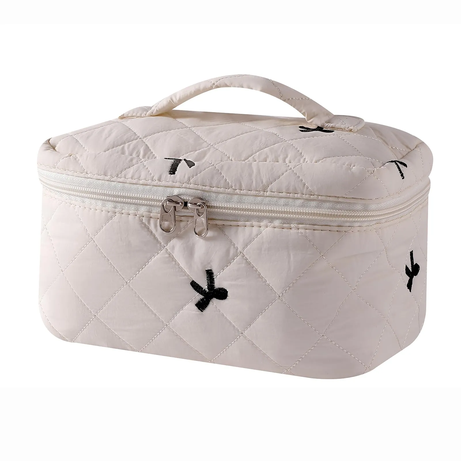 uekeboag Large Travel Quilted Makeup Bag for Women, Floral Cotton Cosmetic Bag, Coquette Aesthetic Floral Toiletry Organizer Bag(14Beige Bow