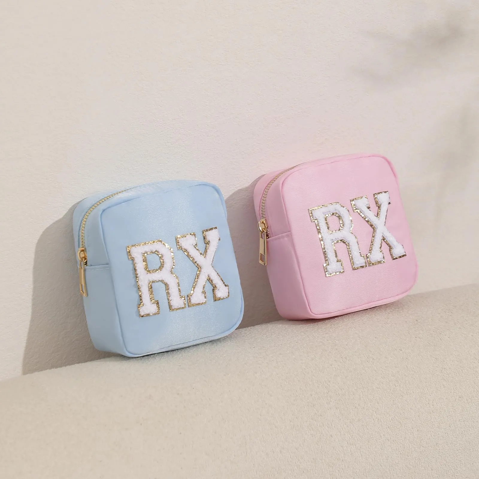 uekeboag Personalized Small Nylon Rx Cosmetic Bag, Cute Chenille Letter Patch Medicine Drug Pouch with Zipper,Preppy Makeup Travel Vitamin Bag for Women and Girls (Light Pink)