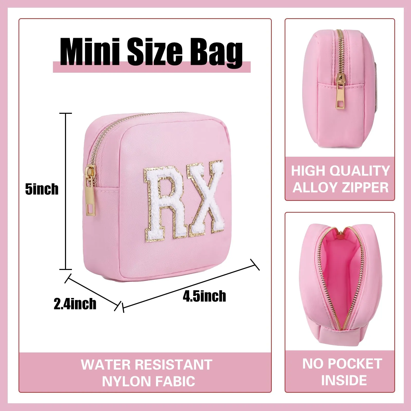 uekeboag Personalized Small Nylon Rx Cosmetic Bag, Cute Chenille Letter Patch Medicine Drug Pouch with Zipper,Preppy Makeup Travel Vitamin Bag for Women and Girls (Light Pink)