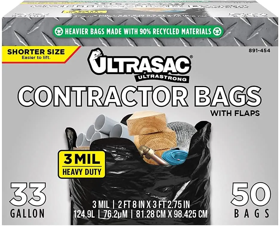 Ultrasac Contractor Trash Bags - (50 Pack/w Ties) - Heavy Duty 3 MIL Thick, 39" x 32", Shorter 33 Gallon Black Version - for Industrial, Commercial, Professional, Construction, Lawn, Leaf, and More