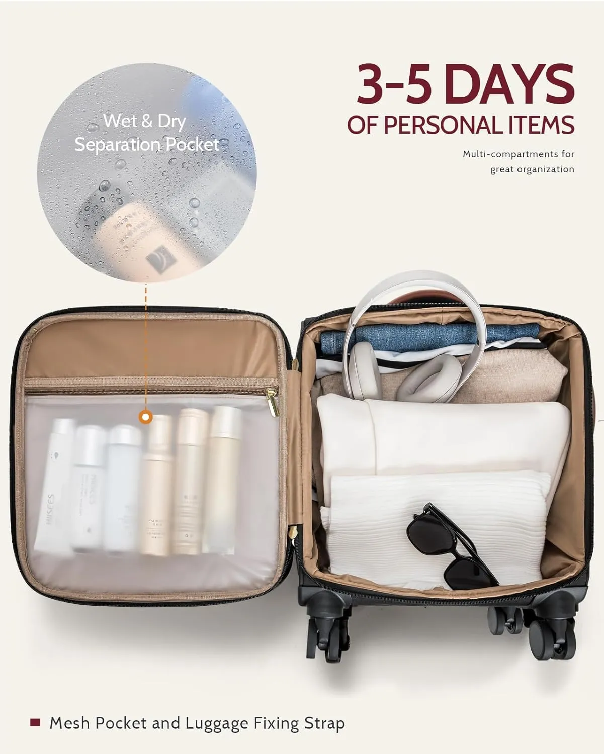 Underseat Carry On Luggage with Wheels 18x14x8 Airline Approved, 16-inch Softside Spinner Suitcase Under Seat Personal Item Travel Bag, Compact Rolling Luggage for Business & Weekend
