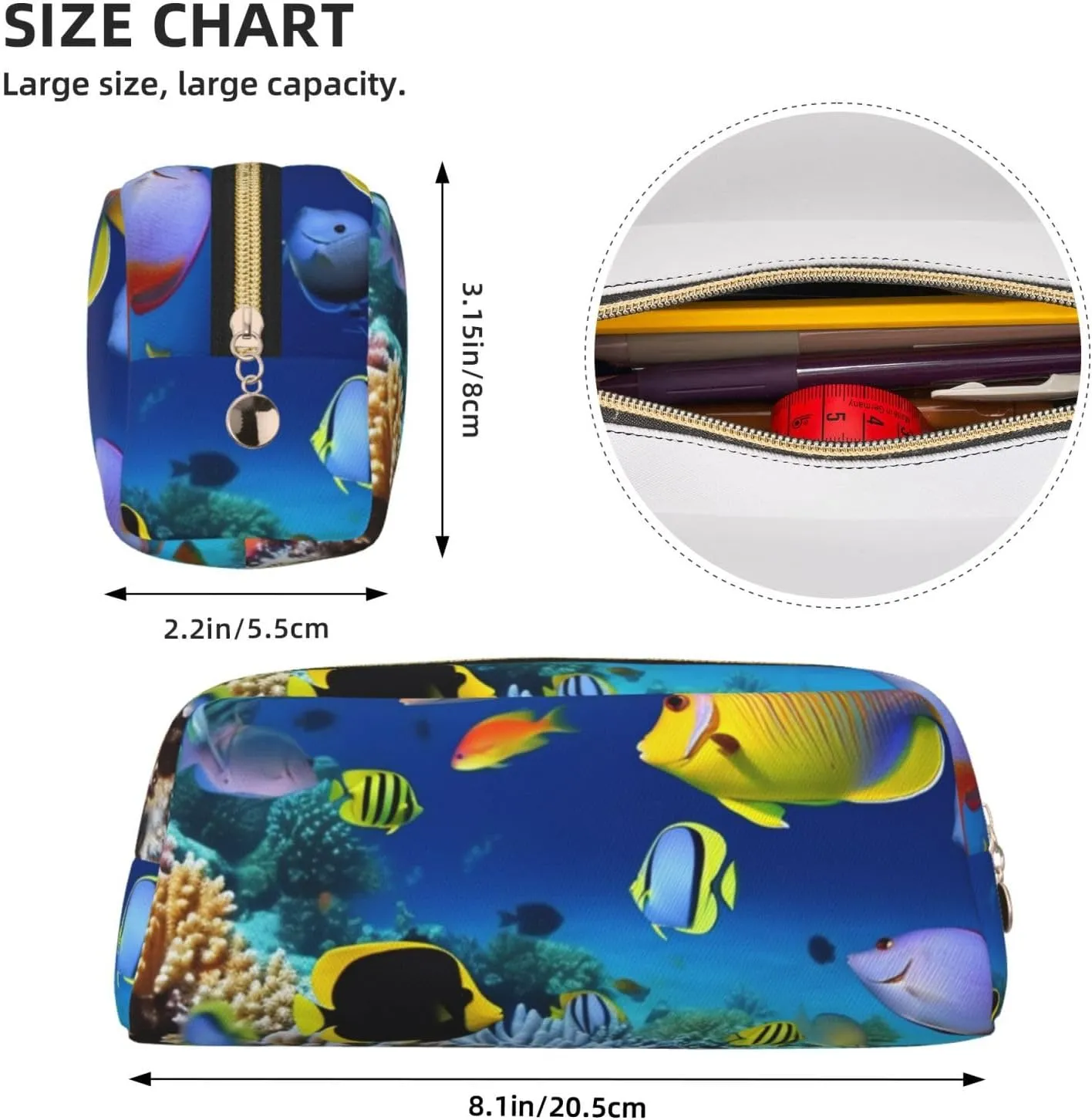 Underwater Fish Makeup Bag for Women Men Pencil Pouch Travel Small Cosmetic Bag Zippered Toiletry Bags Aesthetic Pen Bags Trendy Storage Bags Leather Coin Pouch Purse