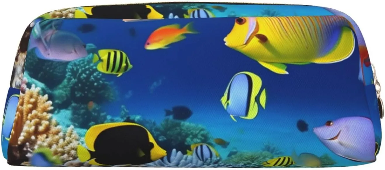 Underwater Fish Makeup Bag for Women Men Pencil Pouch Travel Small Cosmetic Bag Zippered Toiletry Bags Aesthetic Pen Bags Trendy Storage Bags Leather Coin Pouch Purse