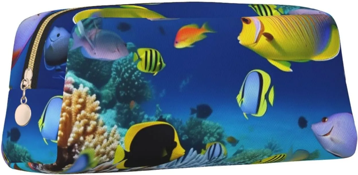 Underwater Fish Makeup Bag for Women Men Pencil Pouch Travel Small Cosmetic Bag Zippered Toiletry Bags Aesthetic Pen Bags Trendy Storage Bags Leather Coin Pouch Purse