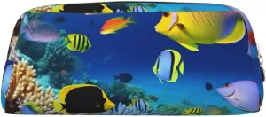 Underwater Fish Makeup Bag for Women Men Pencil Pouch Travel Small Cosmetic Bag Zippered Toiletry Bags Aesthetic Pen Bags Trendy Storage Bags Leather Coin Pouch Purse