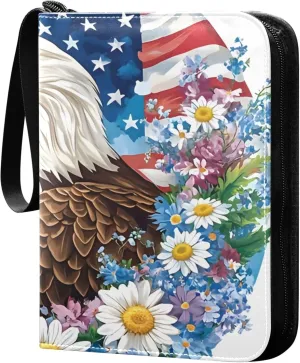 USA Flag Bird and Daisies Card Binder 4 Pocket Collectible Trading Card Albums with 50 Sleeves Double Side PU Waterproof 3 Ring for Sports & Game Cards