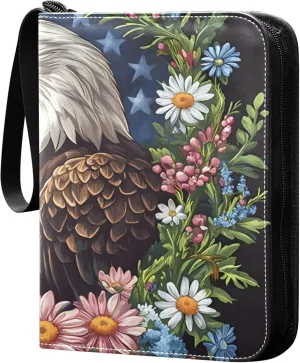 USA Flag Bird and Daisies Card Binder 4 Pocket Collectible Trading Card Albums with 50 Sleeves Double Side PU Waterproof 3 Ring for Sports & Game Cards