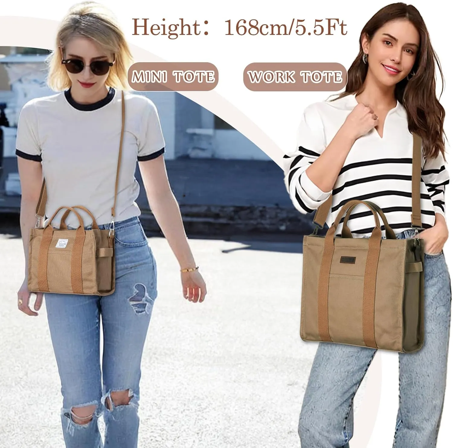 VASCHY Canvas Tote bag, Casual Reusable Work Totes for Women Teachers with Zippers Pockets Crossbody Shoulder Bag Purse