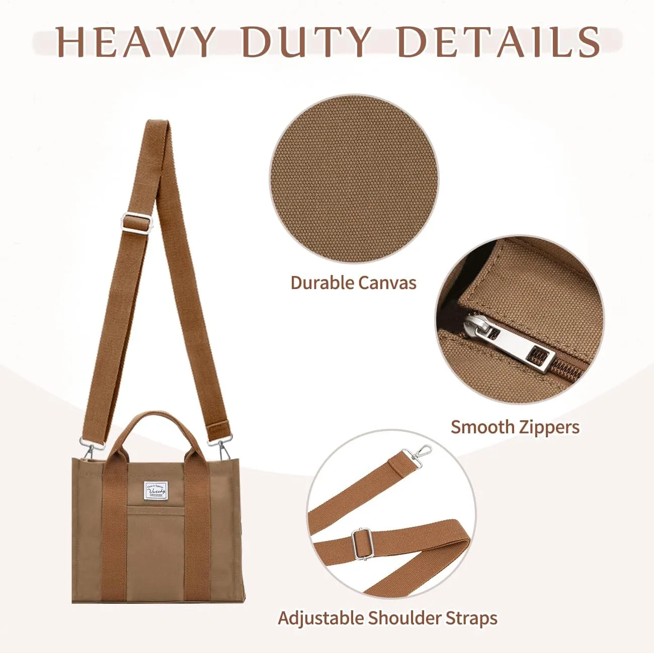 VASCHY Canvas Tote bag, Casual Reusable Work Totes for Women Teachers with Zippers Pockets Crossbody Shoulder Bag Purse