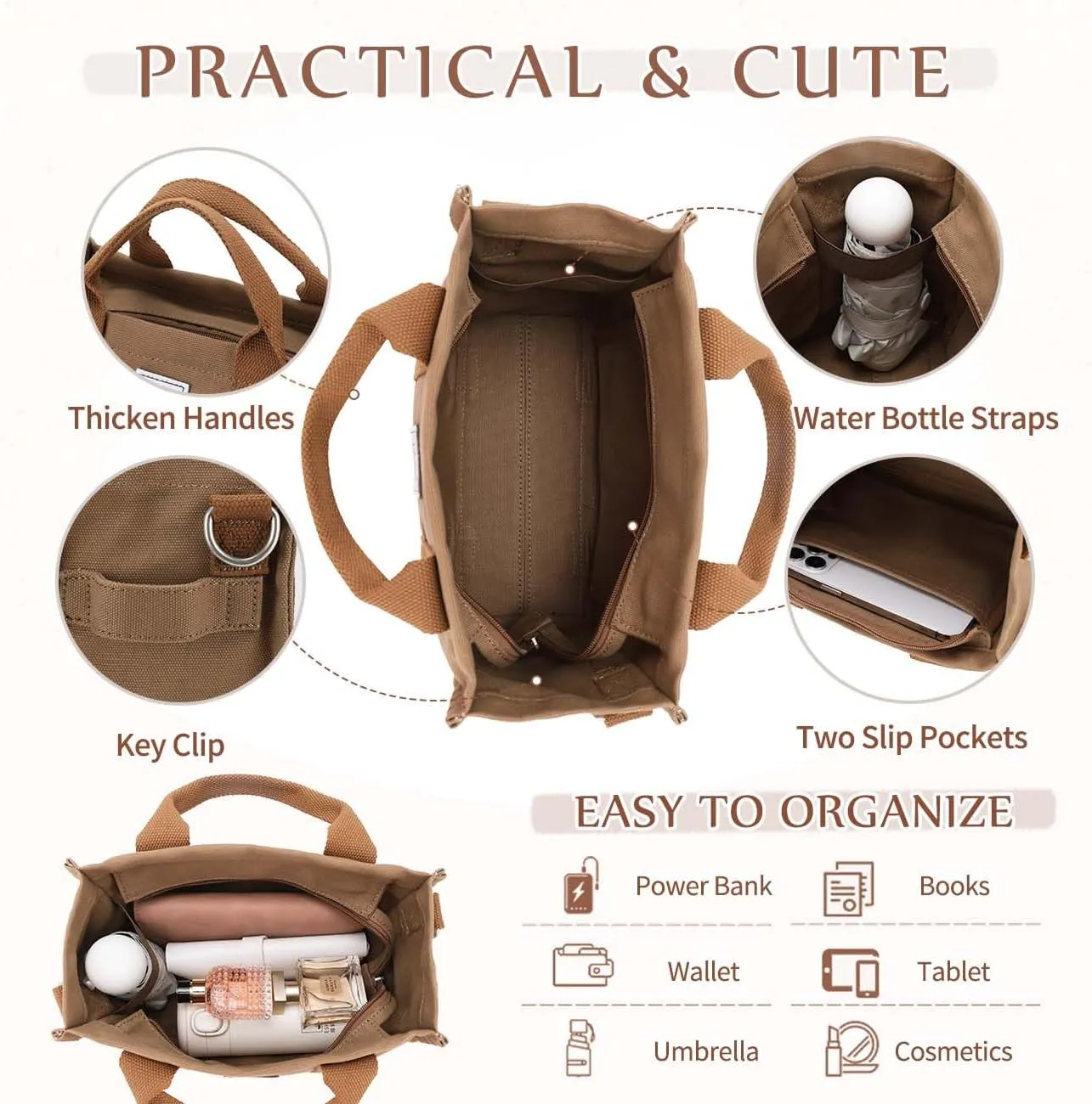 VASCHY Canvas Tote bag, Casual Reusable Work Totes for Women Teachers with Zippers Pockets Crossbody Shoulder Bag Purse