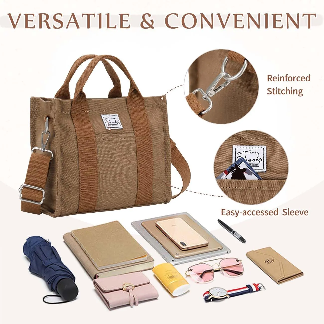VASCHY Canvas Tote bag, Casual Reusable Work Totes for Women Teachers with Zippers Pockets Crossbody Shoulder Bag Purse