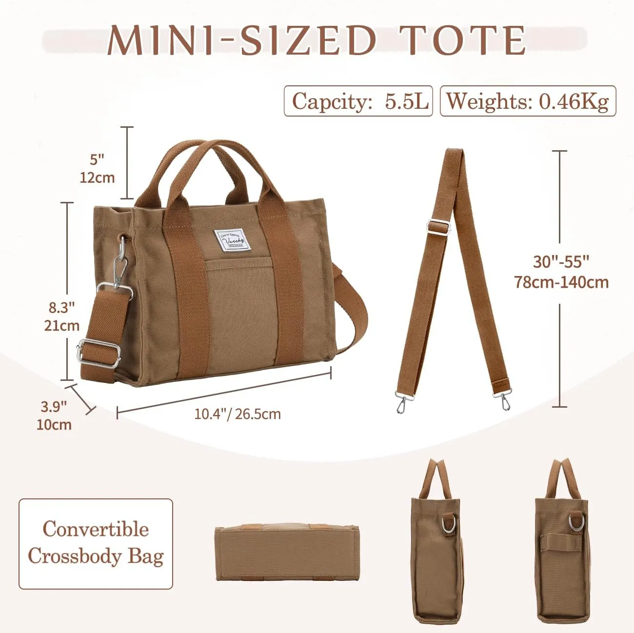 VASCHY Canvas Tote bag, Casual Reusable Work Totes for Women Teachers with Zippers Pockets Crossbody Shoulder Bag Purse