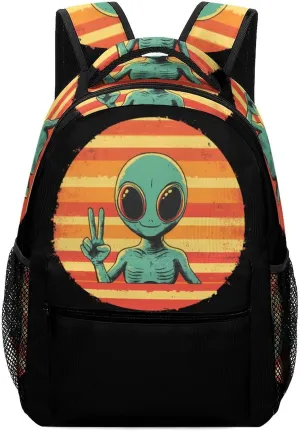 Vintage Aliens Peace Sign Laptop Backpack Durable Travel Daypack Casual Shoulder Bag for Sport Hiking