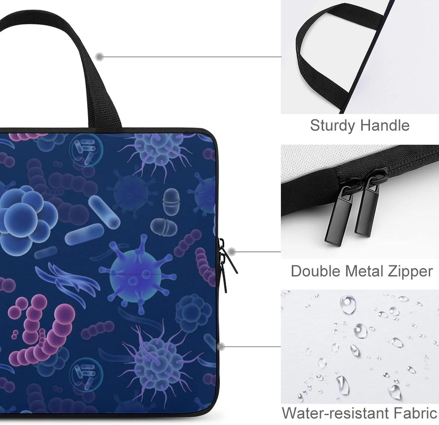 Viruses and Microbes Laptop Sleeve Bag Computer Protective Carrying Case Cover with Handle for Travel Work 15inch