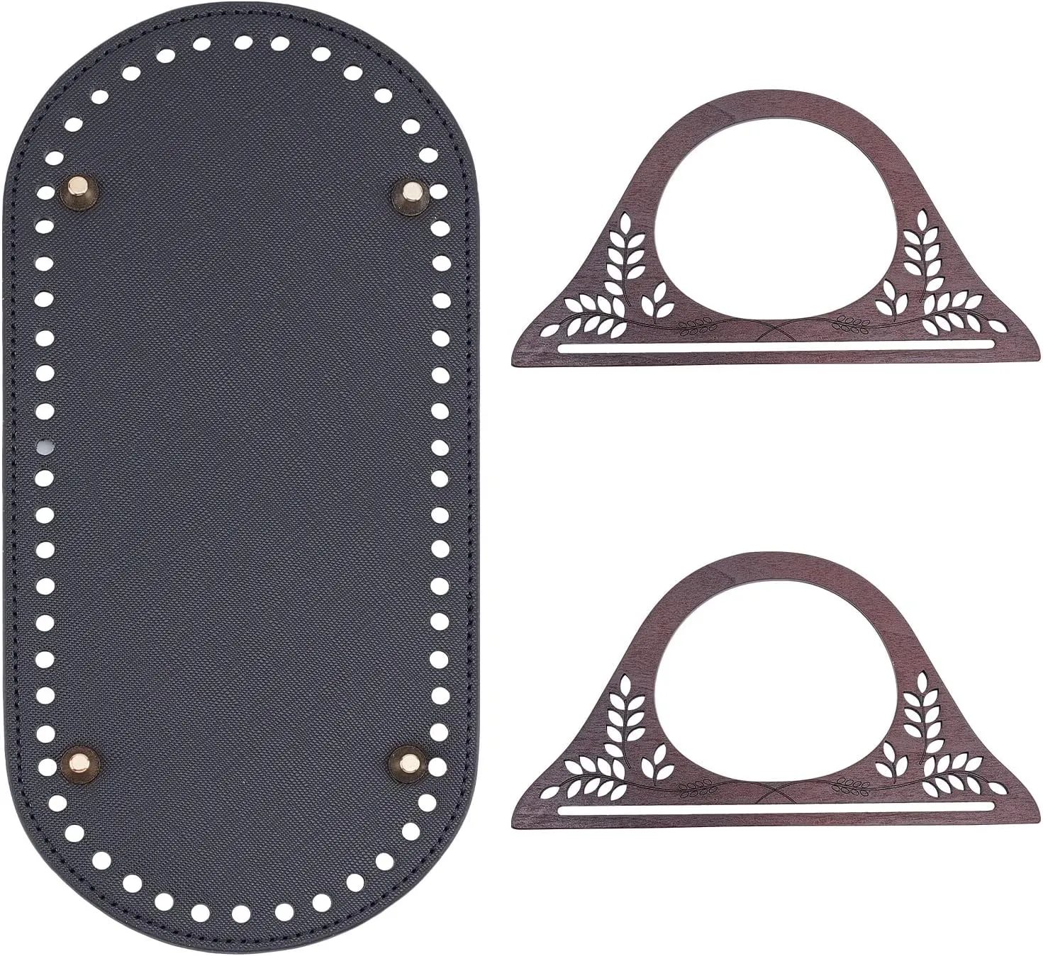 WADORN 2pcs Wooden Purse Handles with 1pc Leather Crochet Bag Bottom, 25cm Oval Long Bag Nail Bottom Shaper Bag Cushion Base 20cm Wooden Handbag Handles Replacement Handmade Bag Making Accessories
