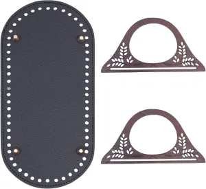 WADORN 2pcs Wooden Purse Handles with 1pc Leather Crochet Bag Bottom, 25cm Oval Long Bag Nail Bottom Shaper Bag Cushion Base 20cm Wooden Handbag Handles Replacement Handmade Bag Making Accessories