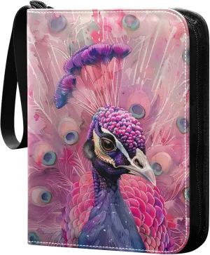 Watercolor Peacock Card Binder 4 Pocket Collectible Trading Card Albums with 50 Sleeves Double Side PU Waterproof 3 Ring for Sports & Game Cards
