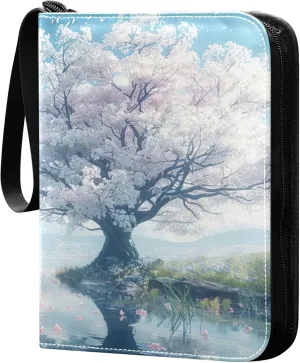 White Cherry Tree Card Binder 4 Pocket Collectible Trading Card Albums with 50 Sleeves Double Side PU Waterproof 3 Ring for Sports & Game Cards