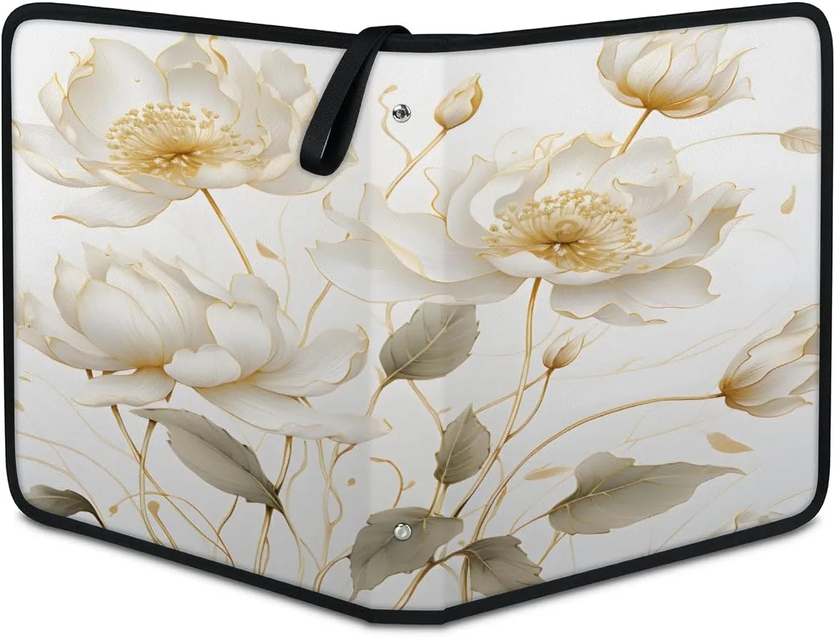 White Flowers 3 Ring Trading Zipper Binder Strap, Trading Card Binder 9 Pocket, 900 Pockets Card Holder with 50 Removable Sleeves for Game Cards