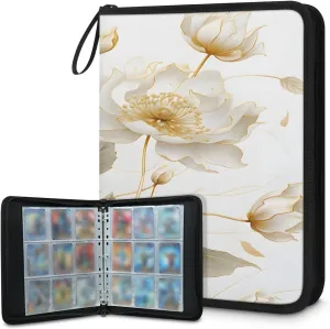 White Flowers 3 Ring Trading Zipper Binder Strap, Trading Card Binder 9 Pocket, 900 Pockets Card Holder with 50 Removable Sleeves for Game Cards