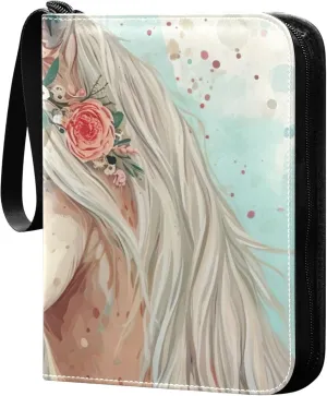 White Horse and Flower Card Binder 4 Pocket Collectible Trading Card Albums with 50 Sleeves Double Side PU Waterproof 3 Ring for Sports & Game Cards