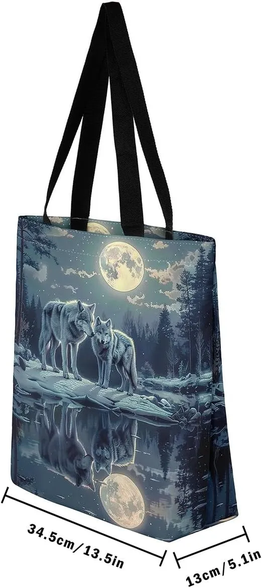 Wild Wolf Canvas Tote Bags for Women,Mysterious Jungle Moonnight Large Capacity Shoulder Handbags,19.7x15.7 Inch