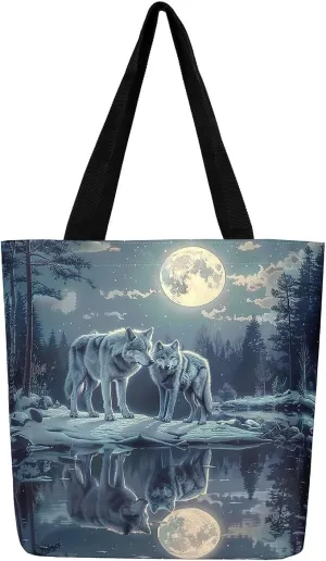 Wild Wolf Canvas Tote Bags for Women,Mysterious Jungle Moonnight Large Capacity Shoulder Handbags,19.7x15.7 Inch