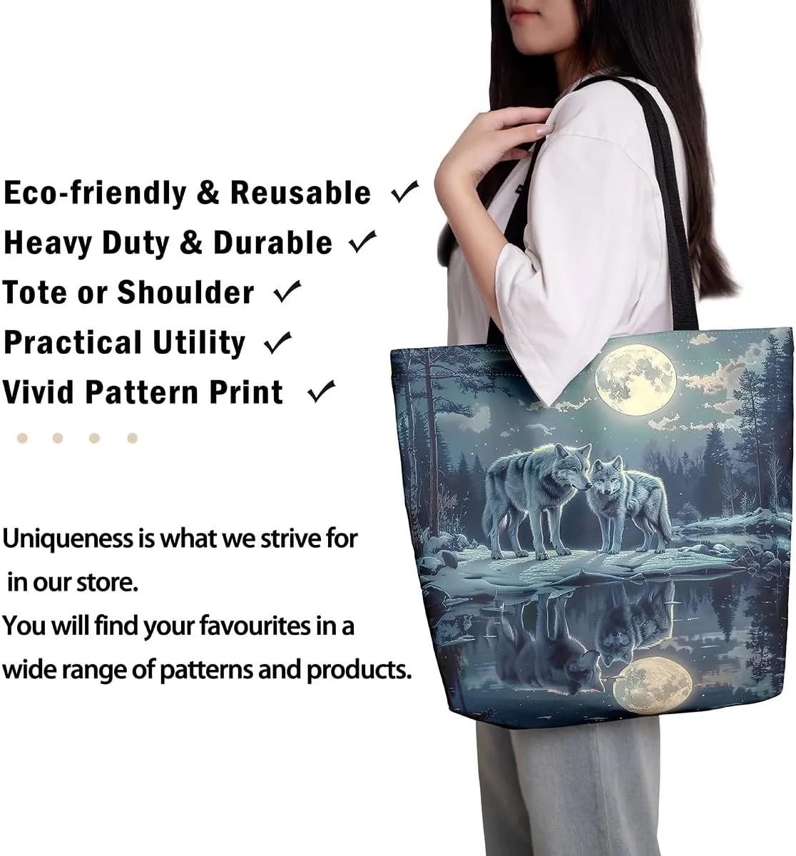 Wild Wolf Canvas Tote Bags for Women,Mysterious Jungle Moonnight Large Capacity Shoulder Handbags,19.7x15.7 Inch