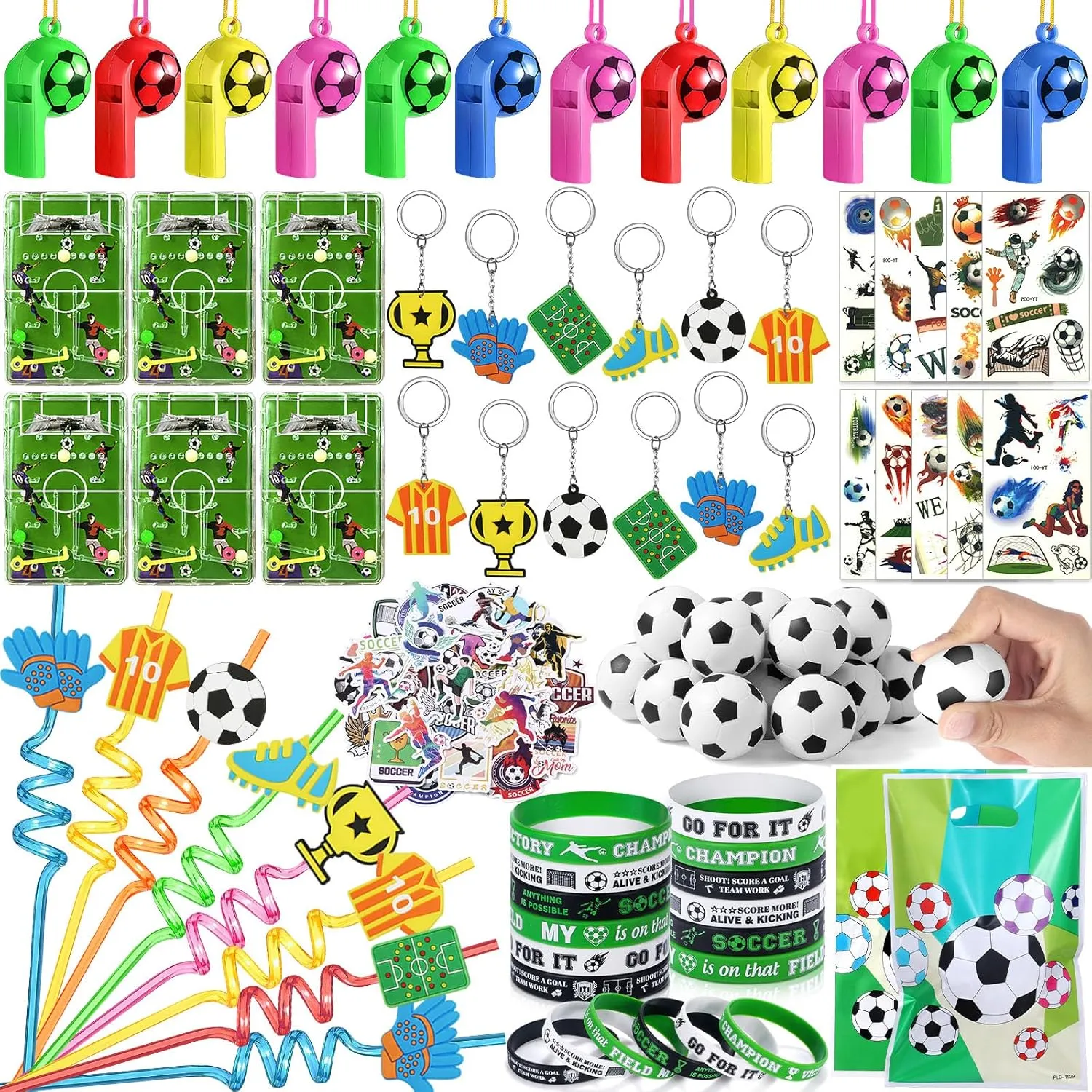 Winrayk 146Pcs Soccer Party Favors Birthday Supplies for Kids, Straw Bouncy Ball Puzzle Toy Bracelet Gift Bag Whistle Sticker Keychain, Goody Stuffer Girls Boys Sports Soccer Themed Party Favors Decor
